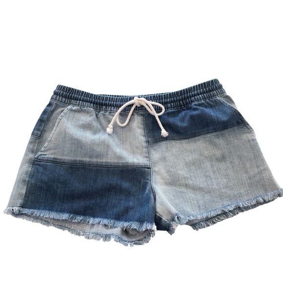 Aerie Denim Jean Shorts Pull On Patchwork Small Summer Elastic Waist Drawstring - Picture 13 of 14